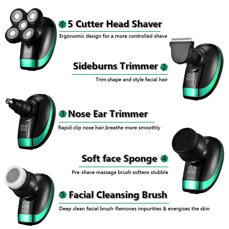 5 in 1 4D Men'S Rechargeable Bald Head Electric Shaver 5 Floating Heads Beard Nose Ear Hair Trimmer Razor Clipper Facial Brush - Tenini Strive Electronic Shop