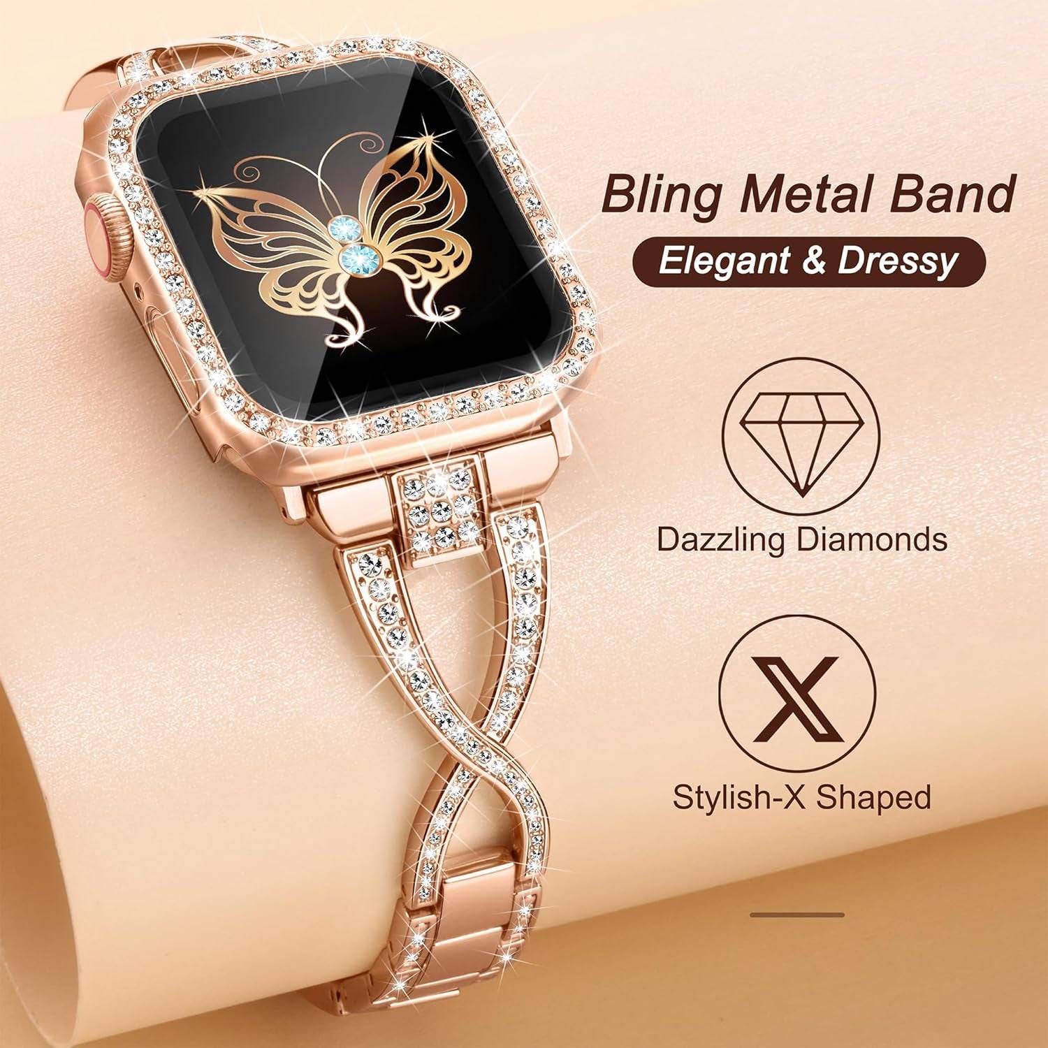 Compatible with Apple Watch Band 40Mm+Case, Lightweight for Women, Easy Adjustable Bracelet, Bling Shiny Diamond Both Sides, Jewelry Metal Strap for Iwatch Series 6 5 4 Se-(Rose Gold) - Tenini Strive Electronic Shop