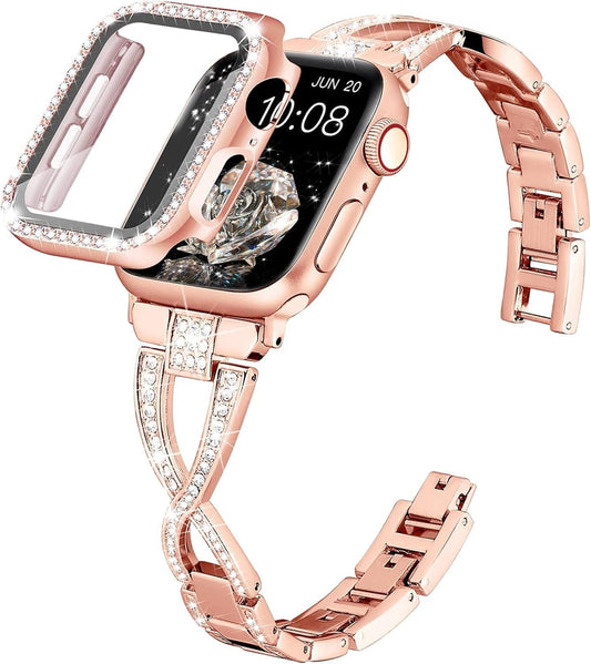 Compatible with Apple Watch Band 40Mm+Case, Lightweight for Women, Easy Adjustable Bracelet, Bling Shiny Diamond Both Sides, Jewelry Metal Strap for Iwatch Series 6 5 4 Se-(Rose Gold) - Tenini Strive Electronic Shop