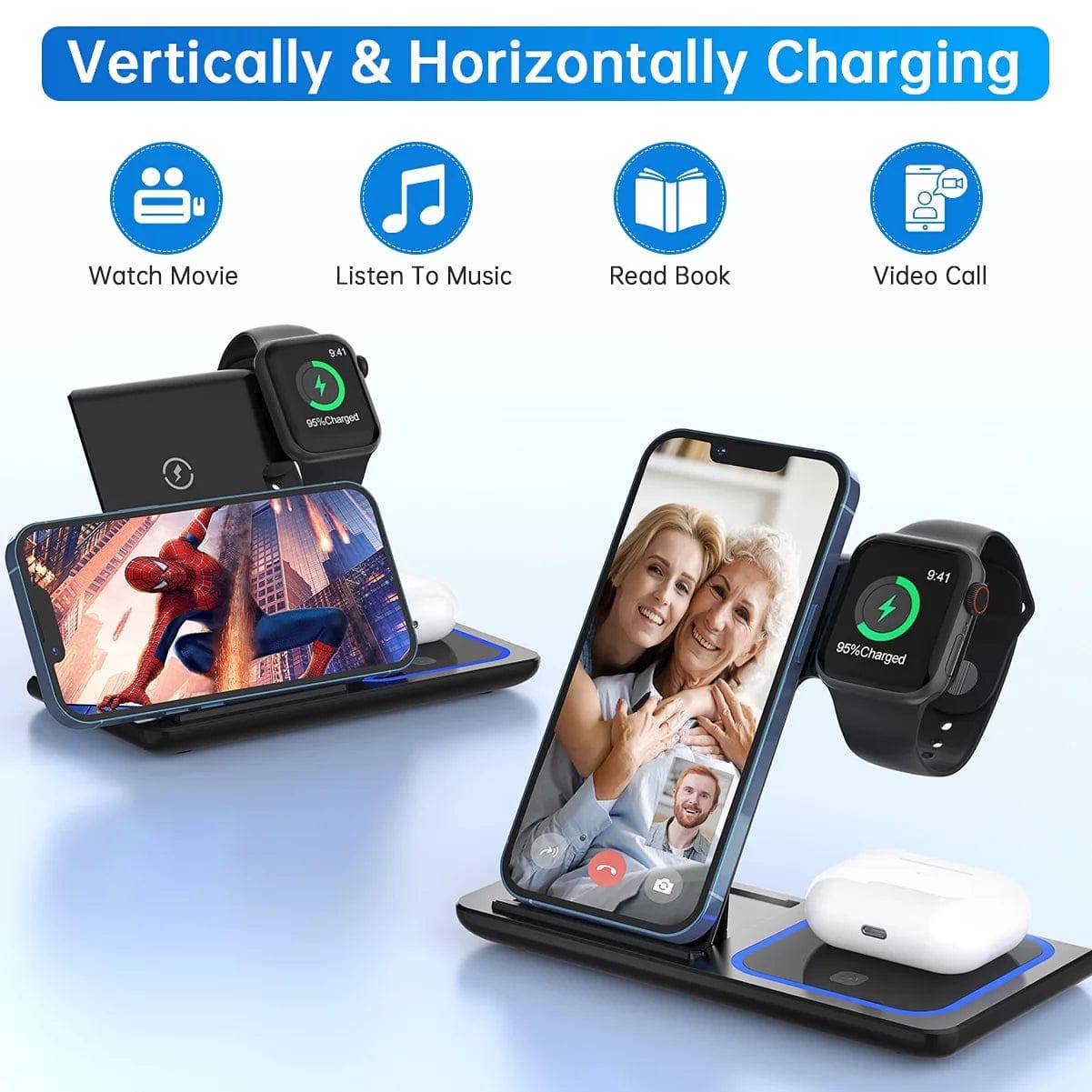 3 in 1 Wireless Charger, 18W Fast Charger Pad Stand Charging Station Dock for Iwatch Series SE 8/7/6/5/4/3 Airpods Pro/3/2 for Iphone 15/14/13/12 /11/Pro Max/12 Mini /XR (With QC3.0 Adapter) - Tenini Strive Electronic Shop