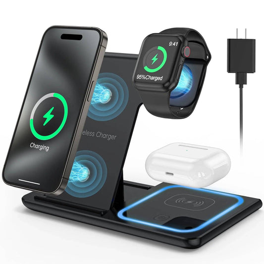 3 in 1 Wireless Charger, 18W Fast Charger Pad Stand Charging Station Dock for Iwatch Series SE 8/7/6/5/4/3 Airpods Pro/3/2 for Iphone 15/14/13/12 /11/Pro Max/12 Mini /XR (With QC3.0 Adapter) - Tenini Strive Electronic Shop