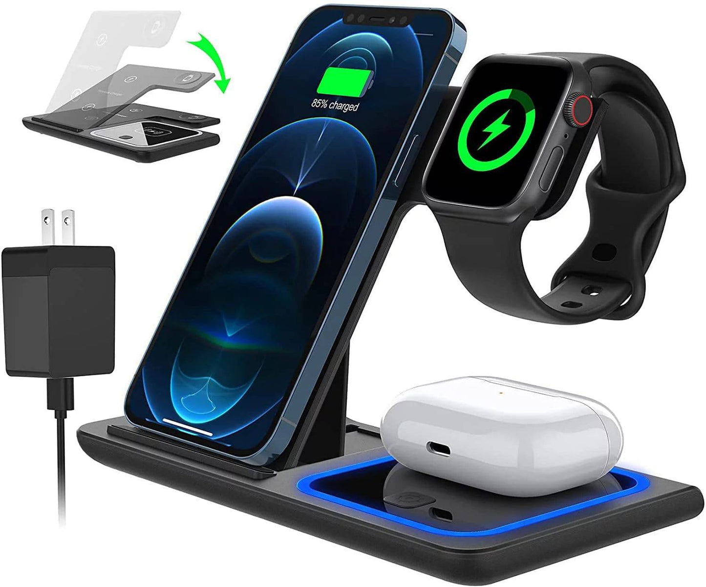 3 in 1 Wireless Charger, 18W Fast Charger Pad Stand Charging Station Dock for Iwatch Series SE 8/7/6/5/4/3 Airpods Pro/3/2 for Iphone 15/14/13/12 /11/Pro Max/12 Mini /XR (With QC3.0 Adapter) - Tenini Strive Electronic Shop