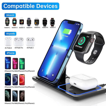 3 in 1 Wireless Charger, 18W Fast Charger Pad Stand Charging Station Dock for Iwatch Series SE 8/7/6/5/4/3 Airpods Pro/3/2 for Iphone 15/14/13/12 /11/Pro Max/12 Mini /XR (With QC3.0 Adapter) - Tenini Strive Electronic Shop