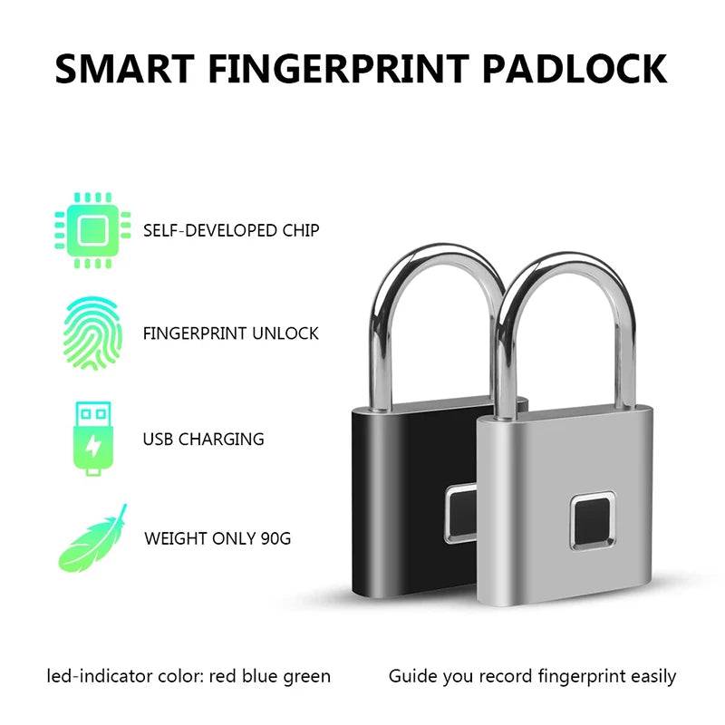 Black Silver USB Rechargeable Door Smart Lock Fingerprint Padlock Quick Unlock Zinc Alloy Metal High Identify Security Lock - Tenini Strive Electronic Shop