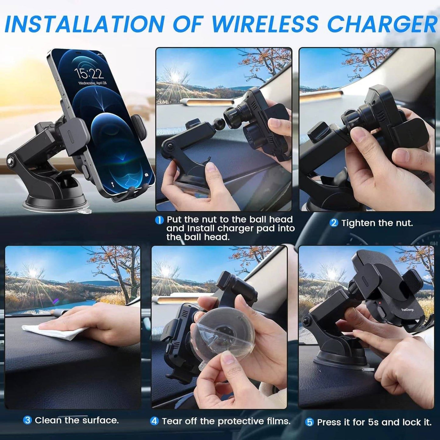 15W Wireless Car Charger Phone Mount Fast Charging Auto Clamping Phone Holder for Iphone 15 14Pro Max, Samsung Galaxy S23 Ultra S22 S21 Note 9-Black - Tenini Strive Electronic Shop