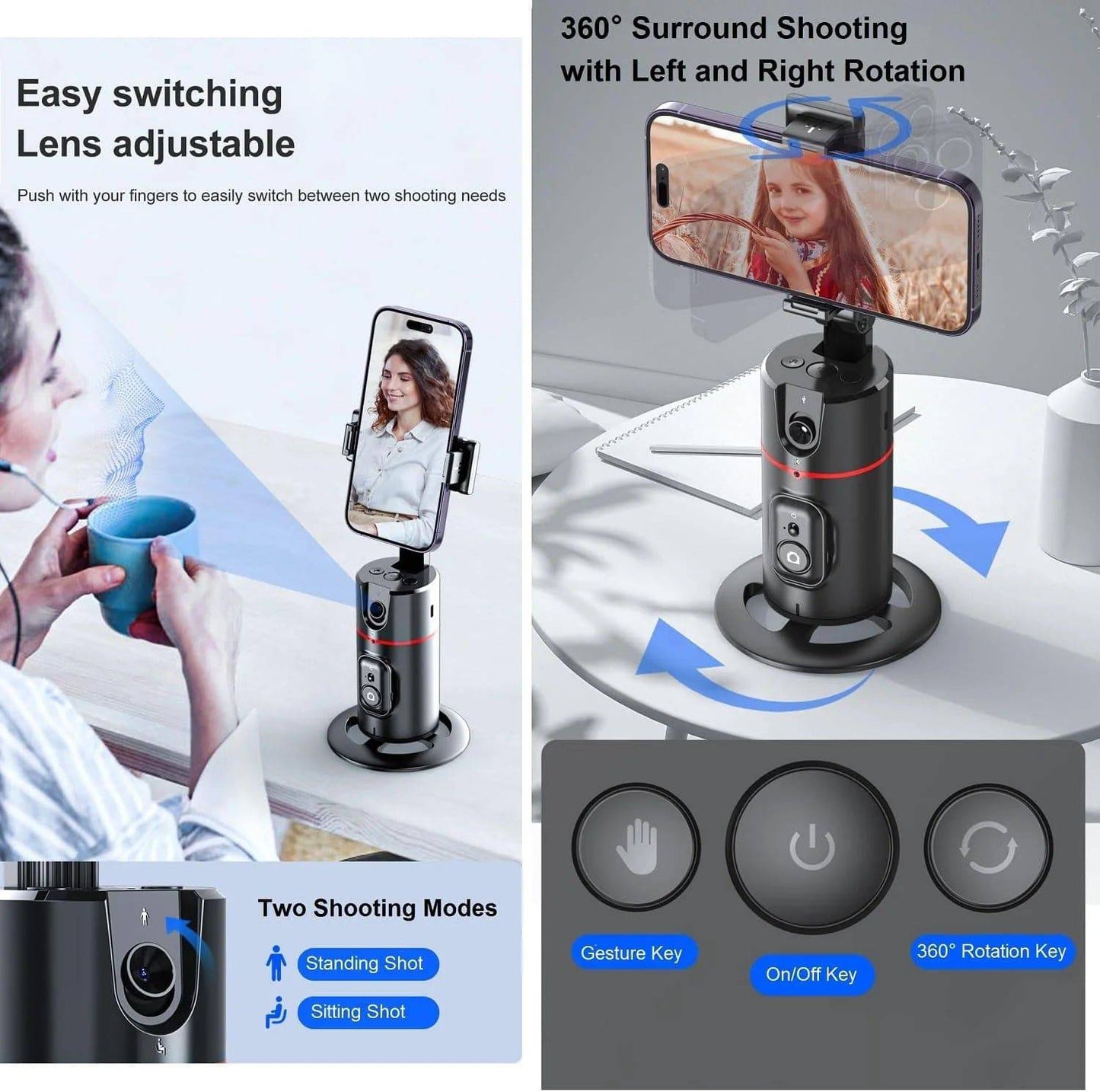 Auto Face Tracking Phone Holder Tripod, No App Required, 360° Rotation Smart Face Body Tracking Tripod Selfie Phone Camera Stand for TIK Tok, Vlog, Live Streaming, Youtube Video - Tenini Strive Electronic Shop