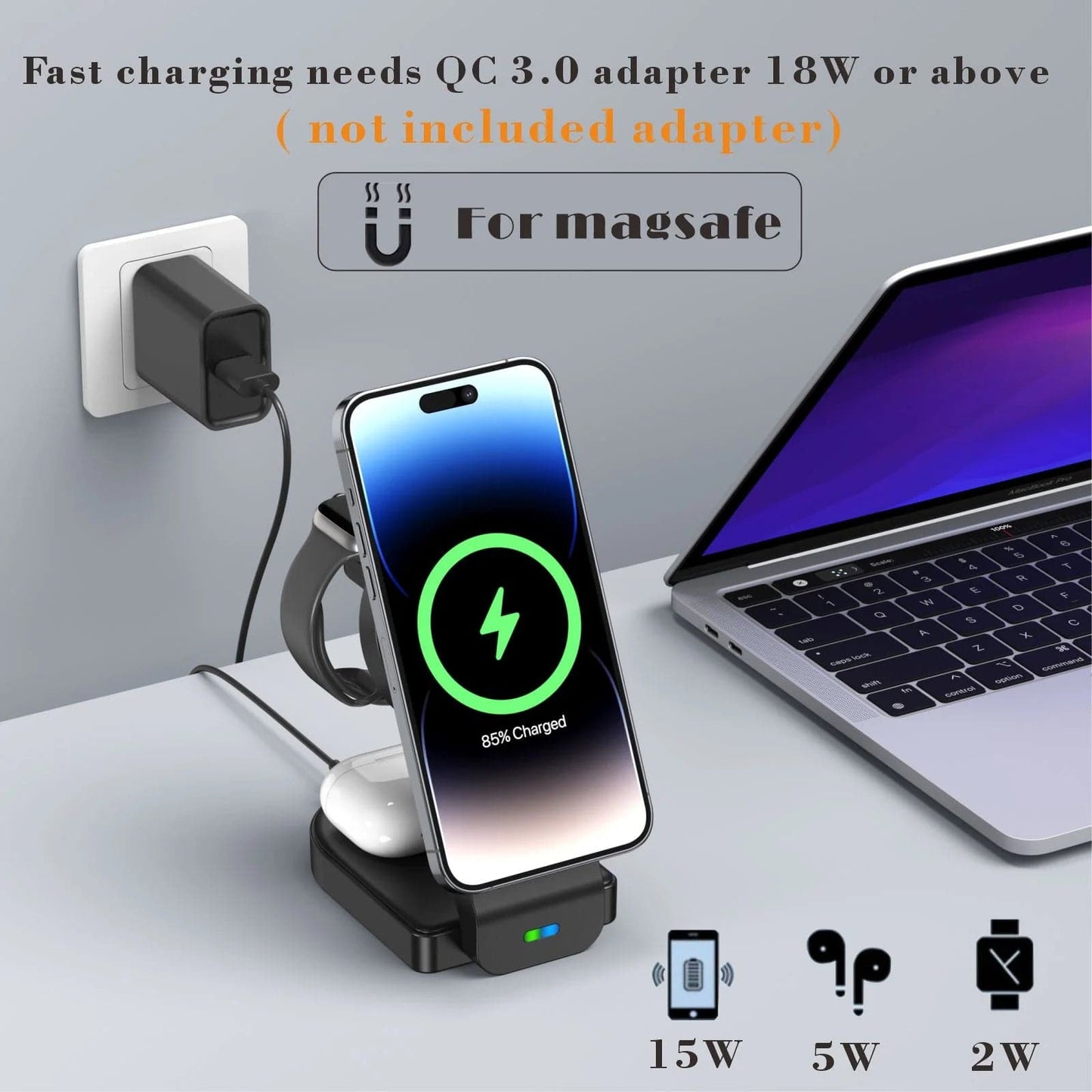 Magnetic Foldable 3 in 1 Wireless Charging Station for Apple Magsafe Charger ,15W Fast Wireless Charger Stand for Iphone 14 13 12 Series Apple Watch Airpods Multiple Devices, Adjustable Angle - Tenini Strive Electronic Shop