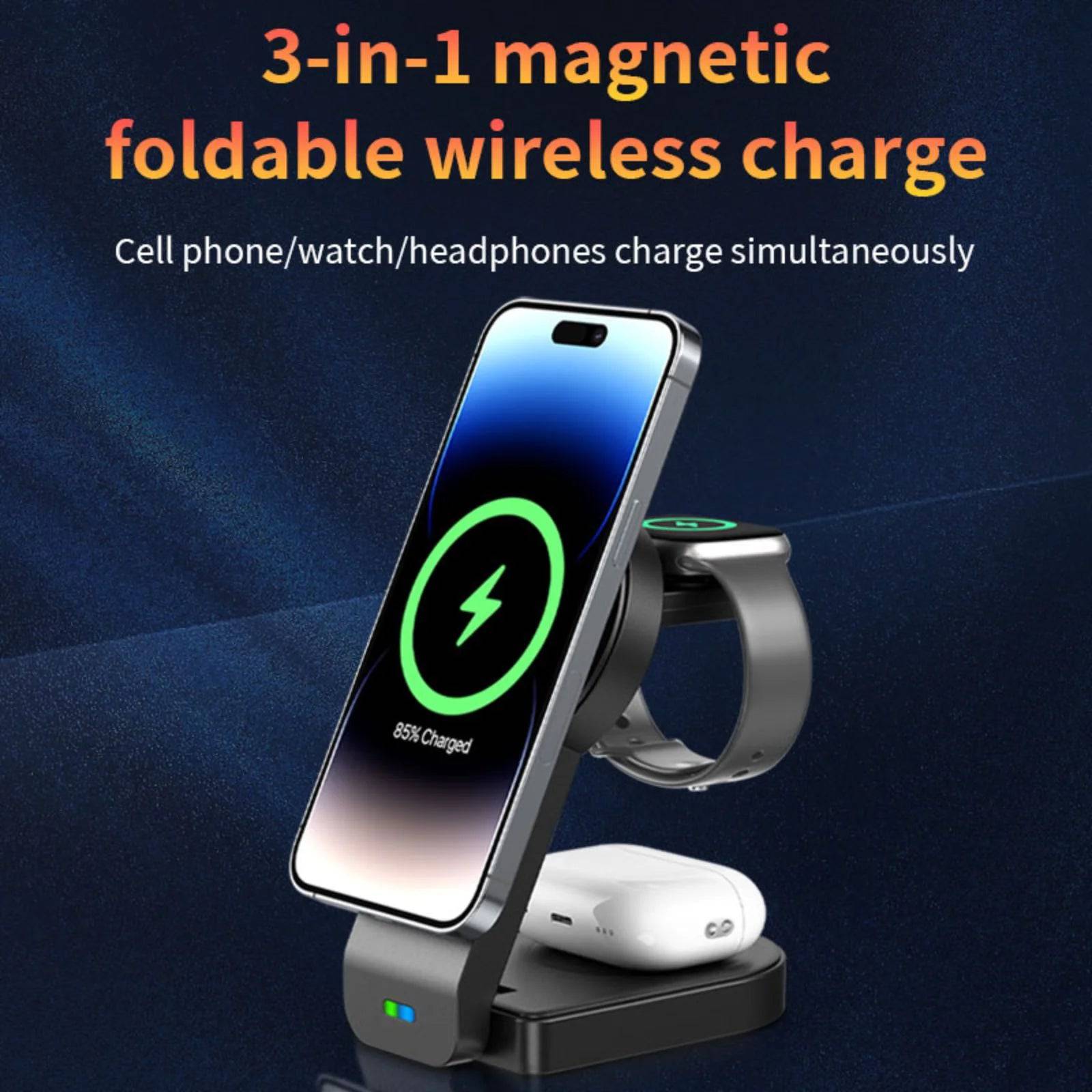 Magnetic Foldable 3 in 1 Wireless Charging Station for Apple Magsafe Charger ,15W Fast Wireless Charger Stand for Iphone 14 13 12 Series Apple Watch Airpods Multiple Devices, Adjustable Angle - Tenini Strive Electronic Shop