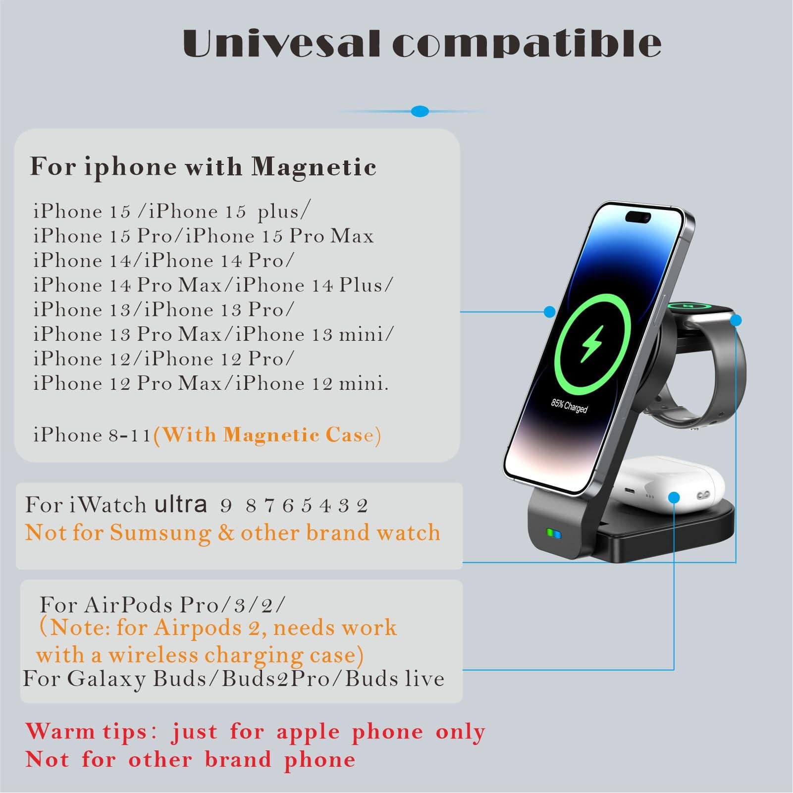 Magnetic Foldable 3 in 1 Wireless Charging Station for Apple Magsafe Charger ,15W Fast Wireless Charger Stand for Iphone 14 13 12 Series Apple Watch Airpods Multiple Devices, Adjustable Angle - Tenini Strive Electronic Shop