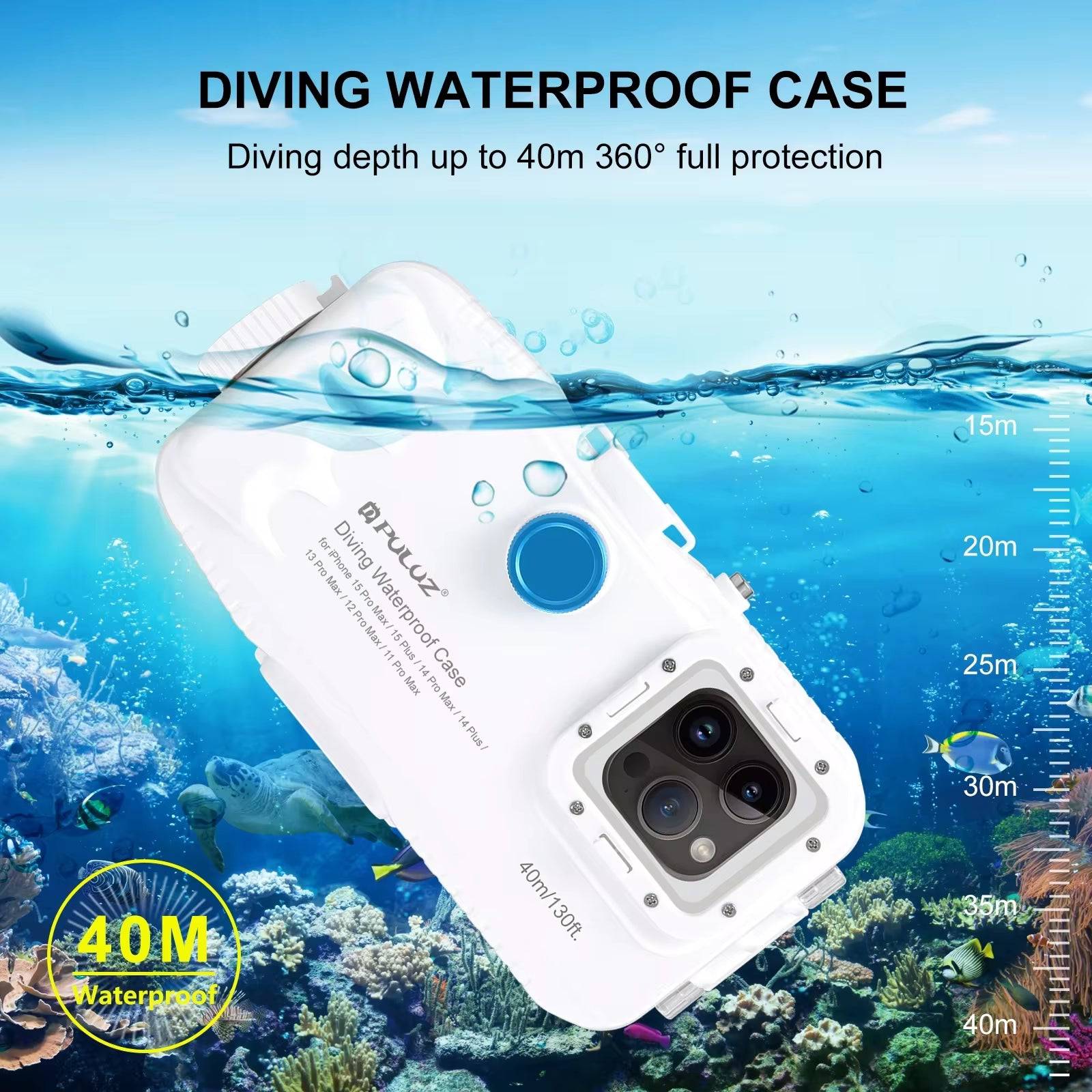 40M/130Ft Waterproof Diving Case for  15 14 13 12 11 Pro Max plus with One-Way Valve Underwater Video Housing Cover - Tenini Strive Electronic Shop