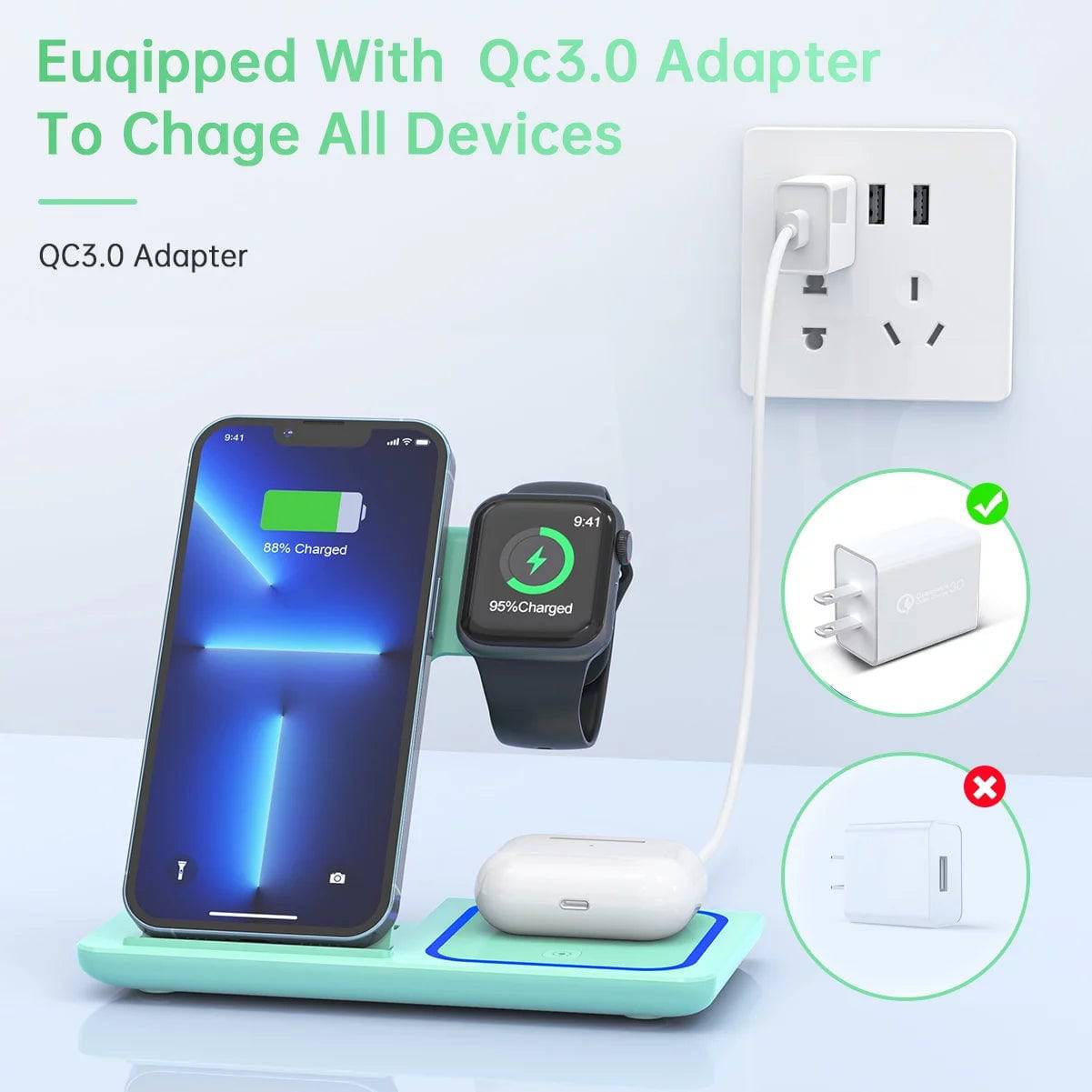 Wireless Charger, 18W Fast Iphone Charging Station for Iphone 16/15/14/13/12 /11/Pro Max/Plus, 3 in 1 Wireless Charging Stand for Iwatch Series SE 10/9/8/7/6/5/4/3, Airpods Pro/3/2 (W/ QC3.0 Adapter) - Tenini Strive Electronic Shop