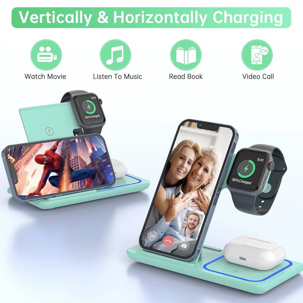 Wireless Charger, 18W Fast Iphone Charging Station for Iphone 16/15/14/13/12 /11/Pro Max/Plus, 3 in 1 Wireless Charging Stand for Iwatch Series SE 10/9/8/7/6/5/4/3, Airpods Pro/3/2 (W/ QC3.0 Adapter) - Tenini Strive Electronic Shop