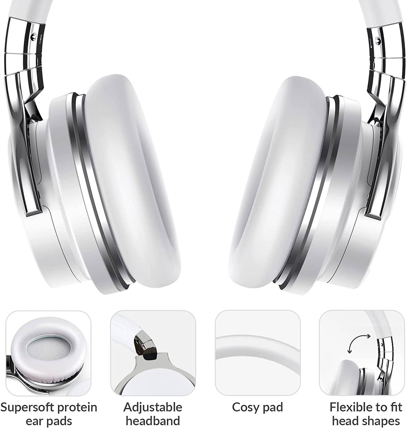 E7 Active Noise Cancelling Headphones Bluetooth Headphones with Microphone Deep Bass Wireless Headphones over Ear, Comfortable Protein Earpads, 30 Hours Playtime for Travel/Work, White - Tenini Strive Electronic Shop