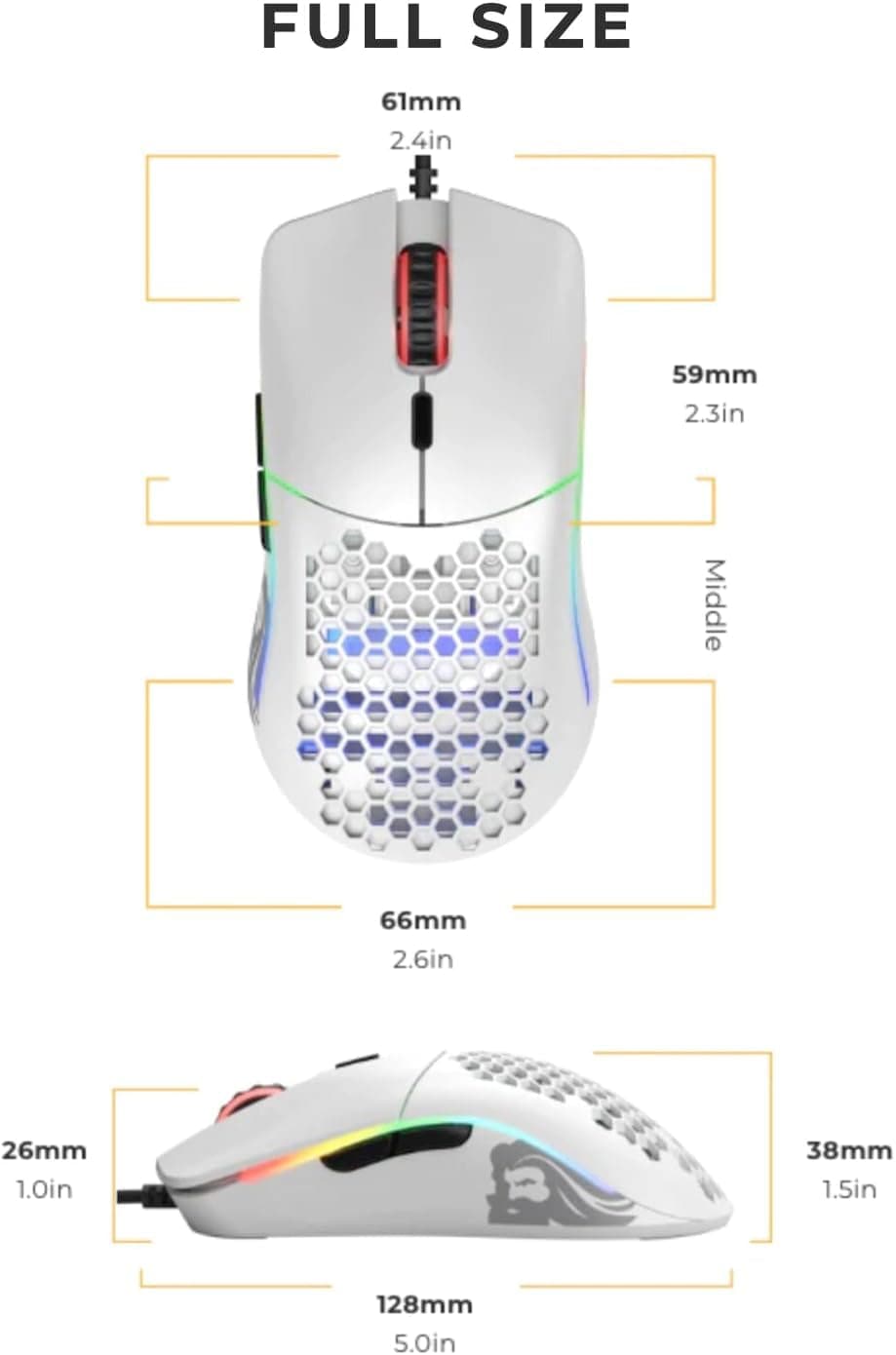 Model O Wired Gaming Mouse 67G Superlight Honeycomb Design, RGB, Pixart 3360 Sensor, Omron Switches, Ambidextrous - Matte White - Tenini Strive Electronic Shop